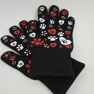 Black Oven Grill Gloves with Red and White Paw Prints